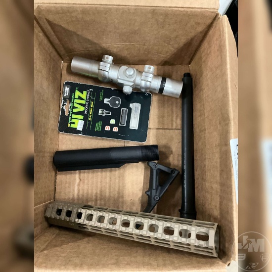 BOX OF AR PARTS, FORE STOCK , SCOPE ,HI VIS