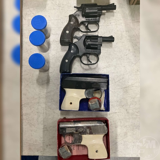 FLAT OF 4 STARTING PISTOLS, MISC HOLSTERS,3 BERETTA SHOTGUN CHOKES