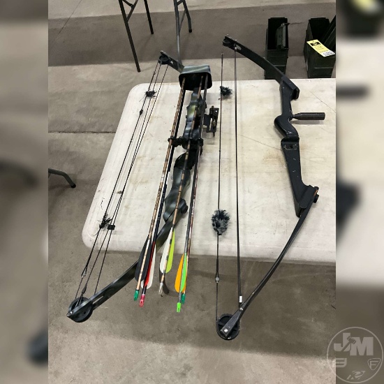 3 OLDER BOWS, ARROWS 2 SOFT CASES AND A CROSSBOW