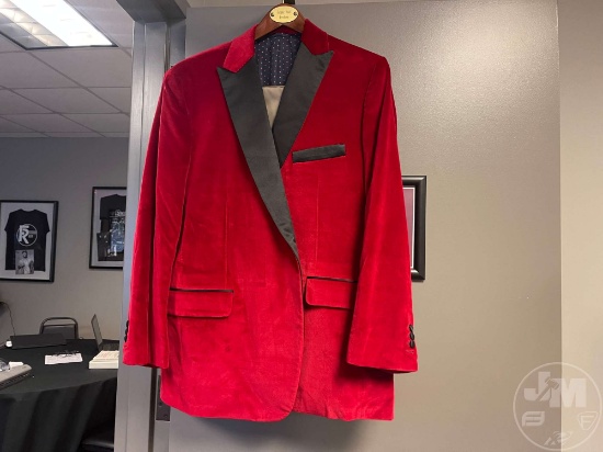 CRUSHED RED VELVET SUIT, VENTURA BY HOLLAND&SHERRY BLACK TRIM PINK