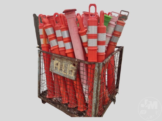 UNKNOWN AMOUNT OF SAFETY CONES AND BASES AND A STEEL