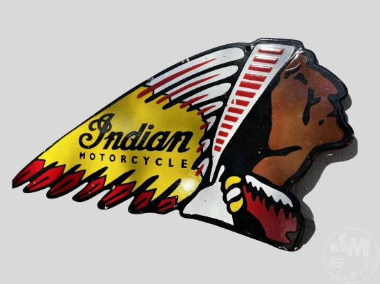 INDIAN MOTORCYCLE SINGLE-SIDED PORCELAIN AND ENAMEL DIE-CUT SIGN, MEASURING APPROXIMATELY