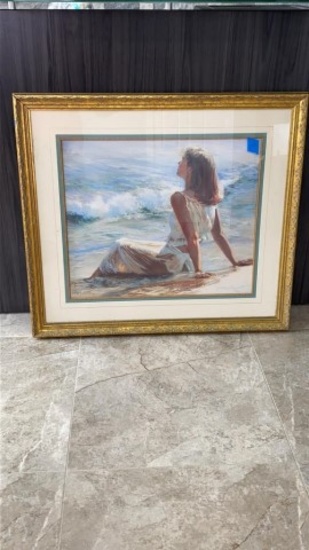 36 x 32 Framed Painting Girl on Beach