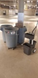 5 Pcs.:  (4) Wheeled 55-Gal. Trash Cans; (1) Wheeled Janitorial Cart w/Broom