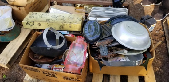 Kerosene Lamp; Welders Mask; Barometer Clock; Wooden Tool Box