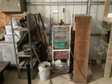 (2) 6Ft Steel Shelf Units, Basket Cart, yard Tools, Axe, Shovels, Rakes, Rope,