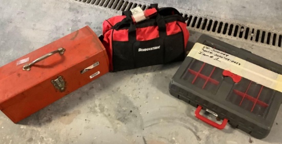 (3) Red Metal Toolbox, Bridgestone Roadside Emergency Bag & Socket Set