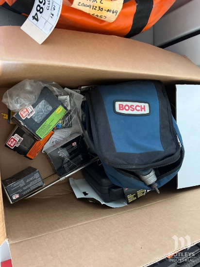 Box of Tools: Bosch, Staple Gun, Flashlight, etc.