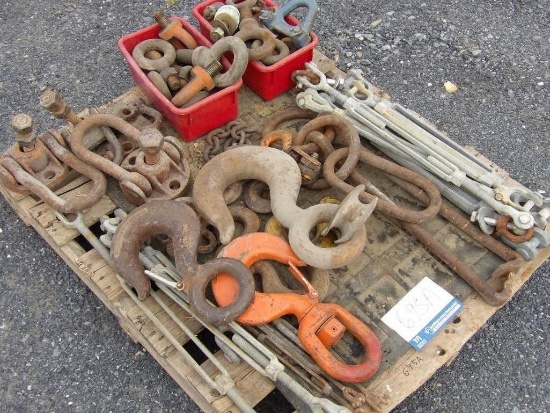 Pallet of Crosby Hooks, Binders, and Eye Bolts