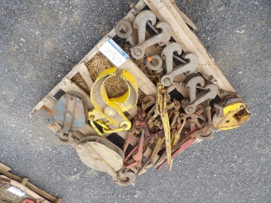 Pallet of Chain Binders, Metal Clamps, Pulleys