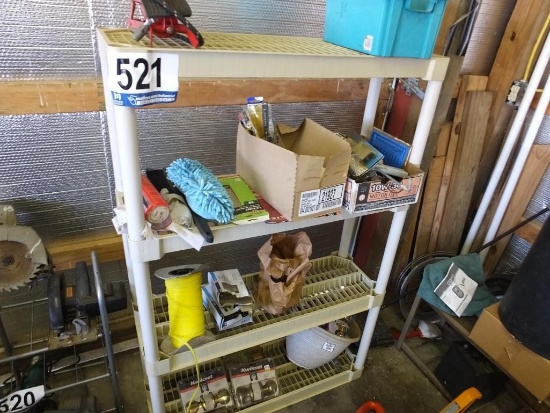 Shelf Unit with Contents: Locksets, Air Pump, Duster, Etc.