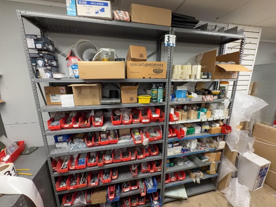 Assorted Industrial Hardware and Supplies on Metal Shelving Unit