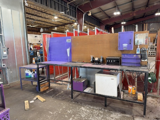 Industrial Workbench with Ironton Bench Grinder and Haier Mini Fridge