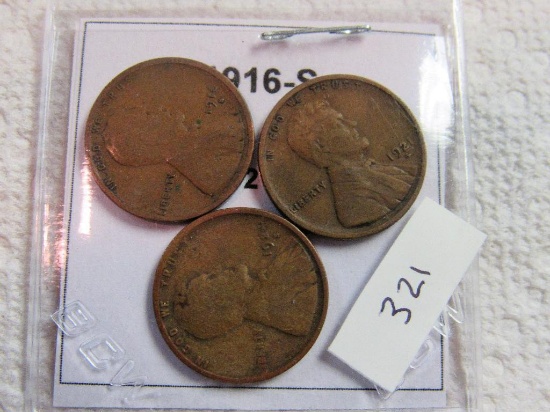 1916-S, 1921-S, 1924-S Lincoln Cents