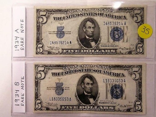 1934 A, 1934 B, Rare Note $5