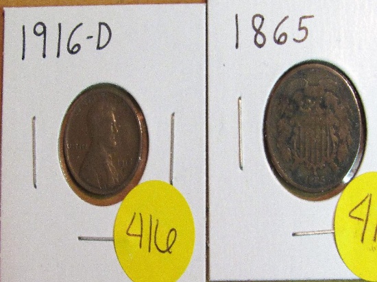 1865 2 Cent Piece and 1916-D Lincoln Cent