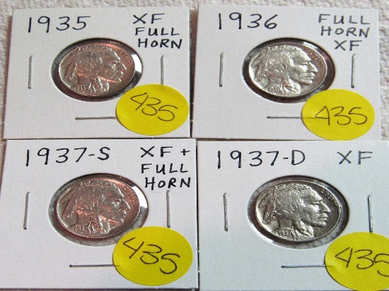 1935, 1936, 1937-D, 1937-S XF-XF+ Buffalo Nickels