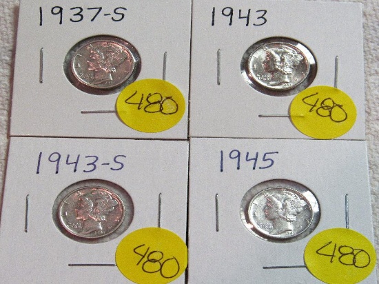 1937-S, 1943, 1943-S, 1945 Mercury Dimes