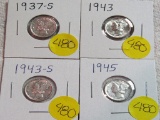 1937-S, 1943, 1943-S, 1945 Mercury Dimes