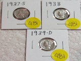 1937-S, 1938, 1939-D Mercury Dimes