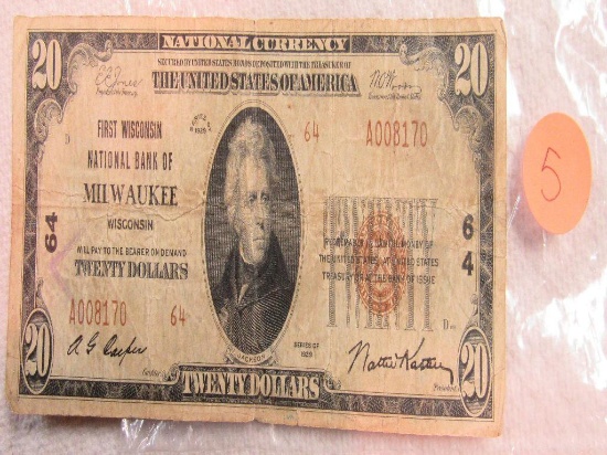 1929 $20 First Wisconsin Bank of Milwaukee