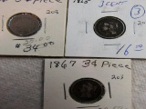 1865,1866,1867 3 Cent Pieces