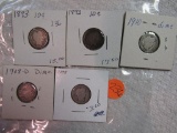 5 Barber Dimes 1892,1893,1898,1908D,1910