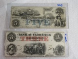 1853 $5 Cochituate Bank of Boston, Note, Bank of Florence NE Unused $3 Note