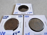 1839 Modified Head Large Cent Holed, 1851 Large Cent Holed, and 1814 Large Cent