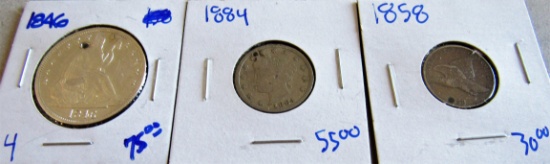 1846 SEATED HALF DOLLAR, 1858 INDIAN HEAD PENNY, AND 1884 V NICKEL