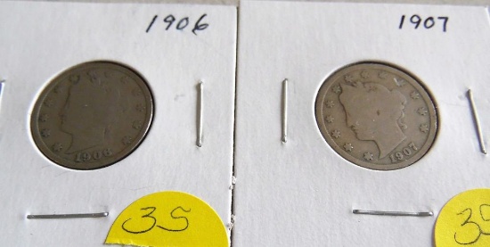 1907, '08 V Nickels