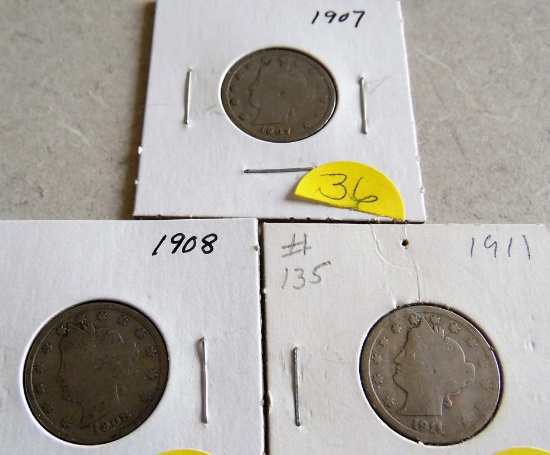 1907, '08, '11V Nickels
