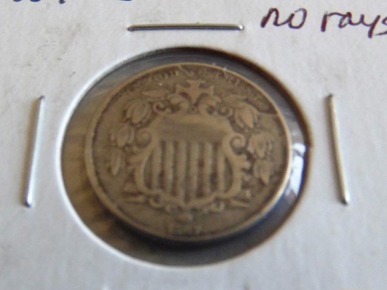 1867 Shield Nickel, No Rays
