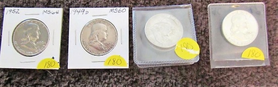 5 Franklin Half Dollars - 1949, '49-D, '52, '57, '58