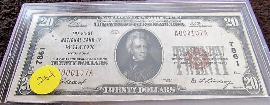 1929 1st National Bank of Wilcox, NE $20.00 Note