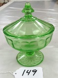 Green Vaseline Glass Covered Candy Dish
