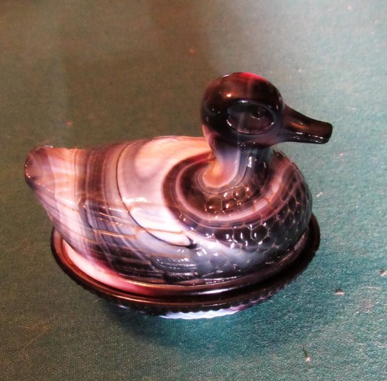 Purple Slag Glass Duck in Nest