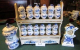 English Blue & White China - spice rack, coffee, clock