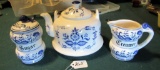 English Blue & White China - teapot, sugar, creamer