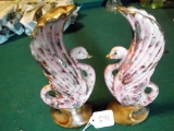 Pair of Multi Colored & Pink Bird Bud Vases