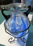 Blue Swirl Glass Vase w/Stand