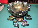 Purple Carnival Glass Pedestal Punch Bowl Set