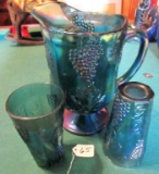 Blue Carnival Glass Pitcher & 2 Tumblers