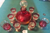 Cranberry Glass Short Round Decanter/6 Goblets/2 small vases