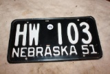 Rare 1951 Nebraska Aluminum License Plate, HW-103