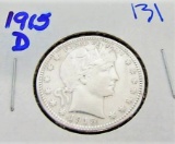 1915-d barber quarter with full rims, liberty visible, and feathers visible on the eagle