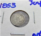 1853 SILVER THREE CENT PIECE