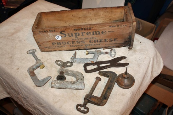 Box of Rare Antique Clamps and Morris Cheese Box