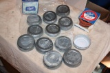 12 Zinc Ball Lids, most unused & box of jar rubbers