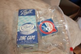 12 Zinc Ball Lids, most unused & box of jar rubbers